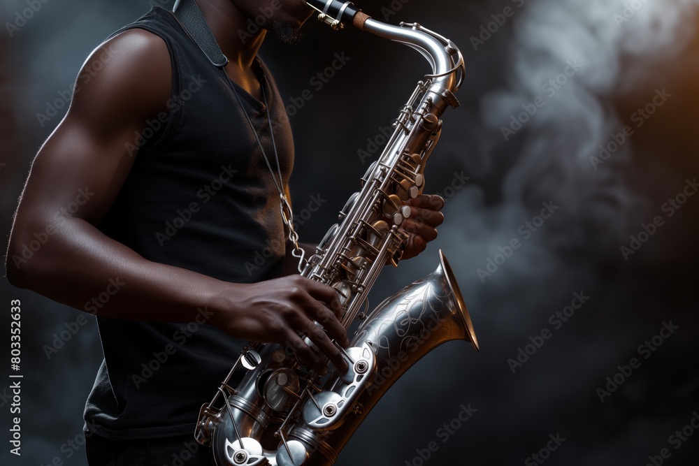 Fototapeta premium Musician immersed in playing a saxophone