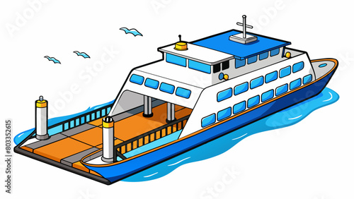 The ferry boat slowly approached the dock its bright blue and white exterior standing out against the calm ocean waters. As it came to a stop a ramp. Cartoon Vector