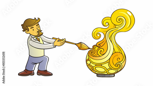 The glassblower expertly blows and twists hot yellow glass carefully creating intricate filigree patterns within the molten material. The final. Cartoon Vector