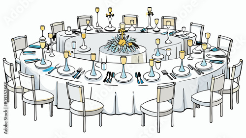 The guest tables were adorned with crisp white linens sparkling silverware and delicate crystal glasses. The place cards were handwritten on elegant. Cartoon Vector