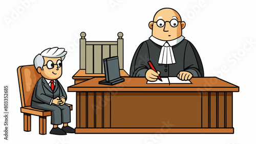  The judge is wearing a traditional black robe and sitting behind a large wooden desk. The defendant is standing in front of them looking nervous and. Cartoon Vector