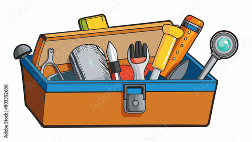 The inspectors metal toolbox was filled with a variety of tools and equipment. From fingerprint dusting powder to a measuring tape each item had a. Cartoon Vector