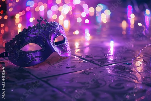 elegant purple and silver masquerade mask on floor with colorful lights mysterious party concept photo