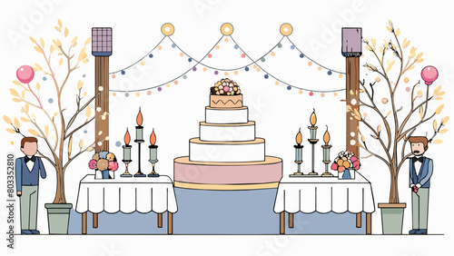 The reception hall was decorated with elegant string lights and centerpieces made of glittering branches and warm candlelight. The wedding cake was a. Cartoon Vector