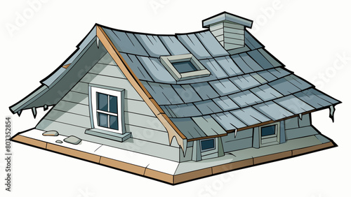 The repair crew patched up the hole in the roof of the abandoned house. The roof was made of old weathered shingles that had turned a dull gray color. Cartoon Vector