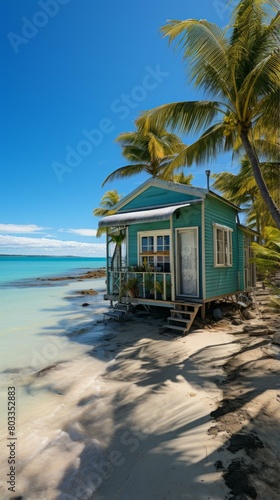 Small beach house on a tropical island with palm trees and white sand