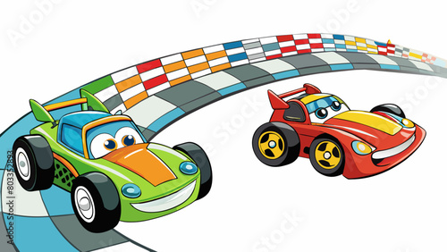 The sound of roaring engines and screeching tires punctuated by blinding flashes of color as cars race around a twisting track.. Cartoon Vector