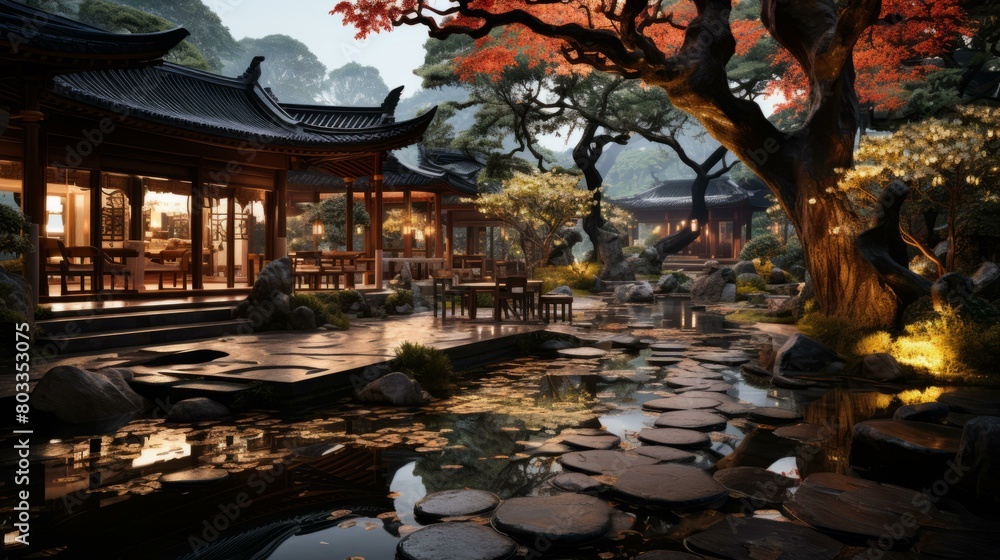 Fototapeta premium Courtyard with a pond and a tree