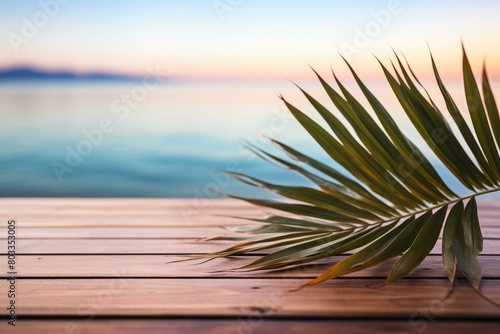 Palm leaf on wooden deck with blurred ocean and sunset in the background