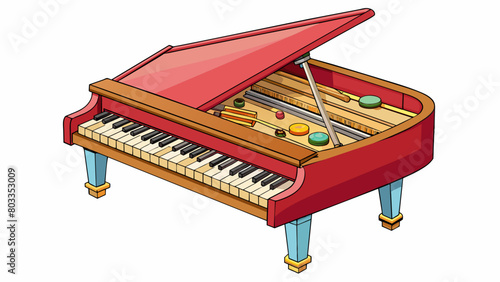 The top lid of the instrument is propped up revealing the inner workings of the piano. The strings hammers and dampers can be seen ready to be struck. Cartoon Vector