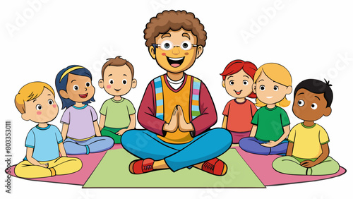 The teacher sat crosslegged on the carpet surrounded by a group of excited preschoolers. With a bright smile and colorful clothing she exuded warmth. Cartoon Vector photo
