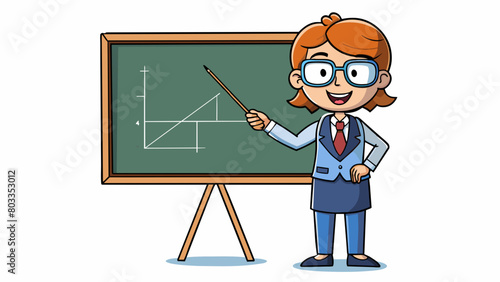 The teacher stood at the whiteboard using a pointer to explain complex math problems with ease. Her glasses and neatly tied hair reflected her. Cartoon Vector