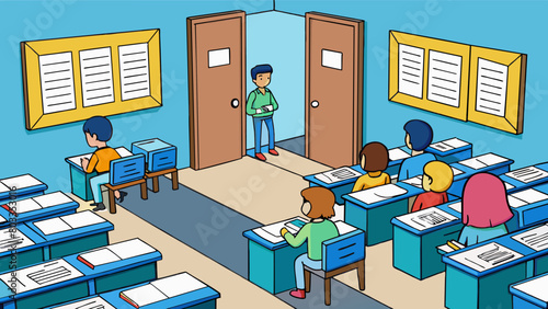 The tension in the air was palpable as students filed into the exam hall. The tables were arranged in a Ushape facing the teachers desk at the front. Cartoon Vector