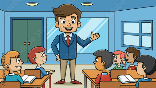 The teacher stood at the front of the classroom engaging her students with contagious enthusiasm and clear instructions guiding them towards academic. Cartoon Vector