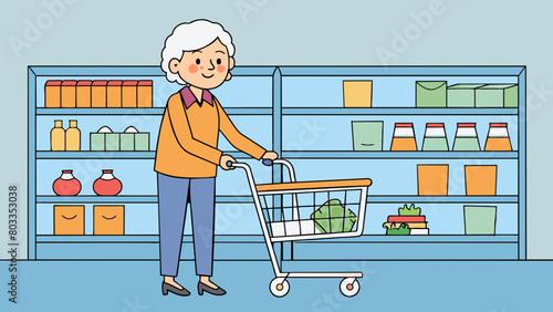 The user is an elderly woman using a walker to navigate through a grocery store. She is carrying a shopping list and referencing it while selecting. Cartoon Vector