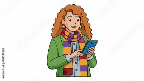 The user is a young woman with long curly hair wearing a colorful scarf and using her smartphone to browse social media while waiting for her bus.. Cartoon Vector