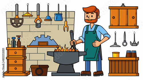 The workshop is filled with the sound of clanging metal as a blacksmith forges a piece of iron on an anvil. Behind him there are shelves holding. Cartoon Vector