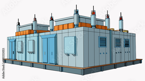 The Transformer base is a massive structure with tall towering walls made of reinforced steel. Its main entrance is guarded by two large imposing. Cartoon Vector