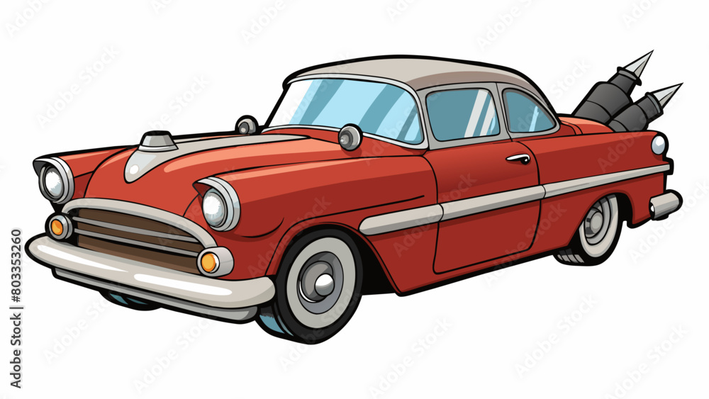 Version 3 A classic car from the 1950s with a shiny chrome exterior and tailfins. It has a large powerful engine and seats made of plush leather.. Cartoon Vector Version 3 A classic car from the 1950s with a shiny chrome exterior and tailfins. It has a large powerful engine and seats made of plush leather.. Cartoon Vector