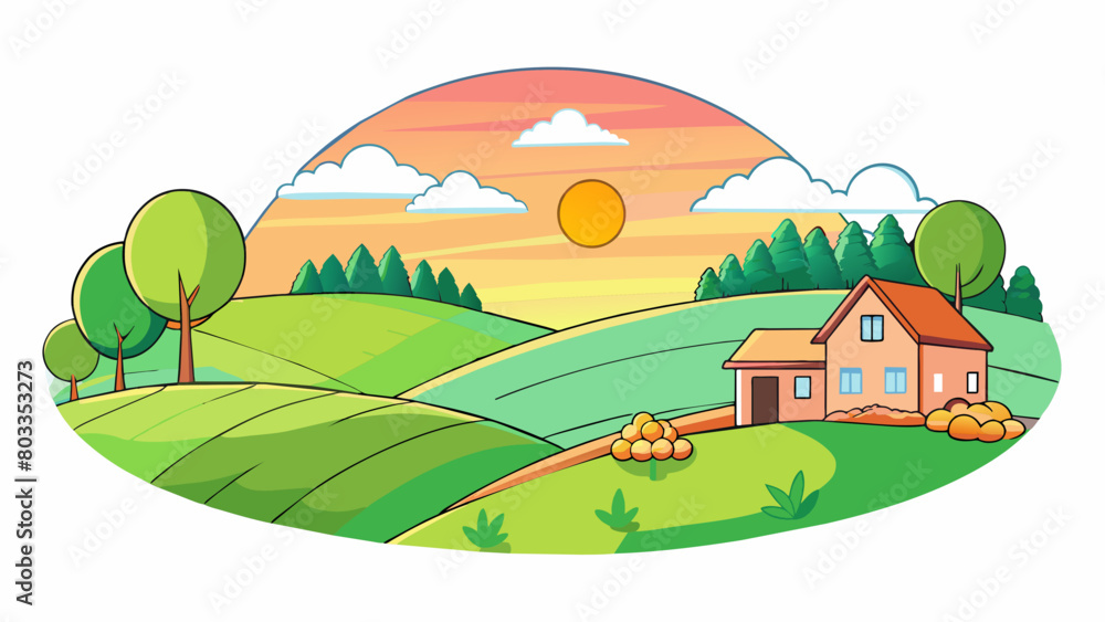 West Gaze out over a peaceful countryside with rolling green hills and lush forests all around. In the distance a small farmhouse sits on a hill. Cartoon Vector