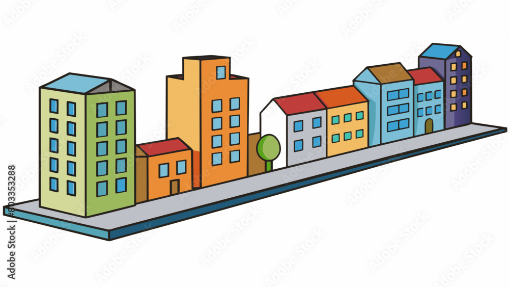 Obraz premium When looking at a row of buildings from a distance the ones in front appear larger and more detailed while the ones in the back seem smaller and less. Cartoon Vector