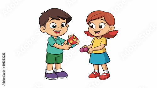 Two siblings sharing a toy with one offering their favorite candy in return for more playtime with the toy while the other counters with the promise. Cartoon Vector