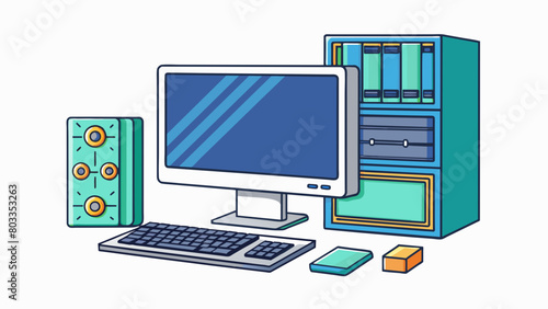 Version 5 A new stateoftheart computer with a fast processor and advanced graphics card. It has a sleek minimalist design and a large highdefinition. Cartoon Vector