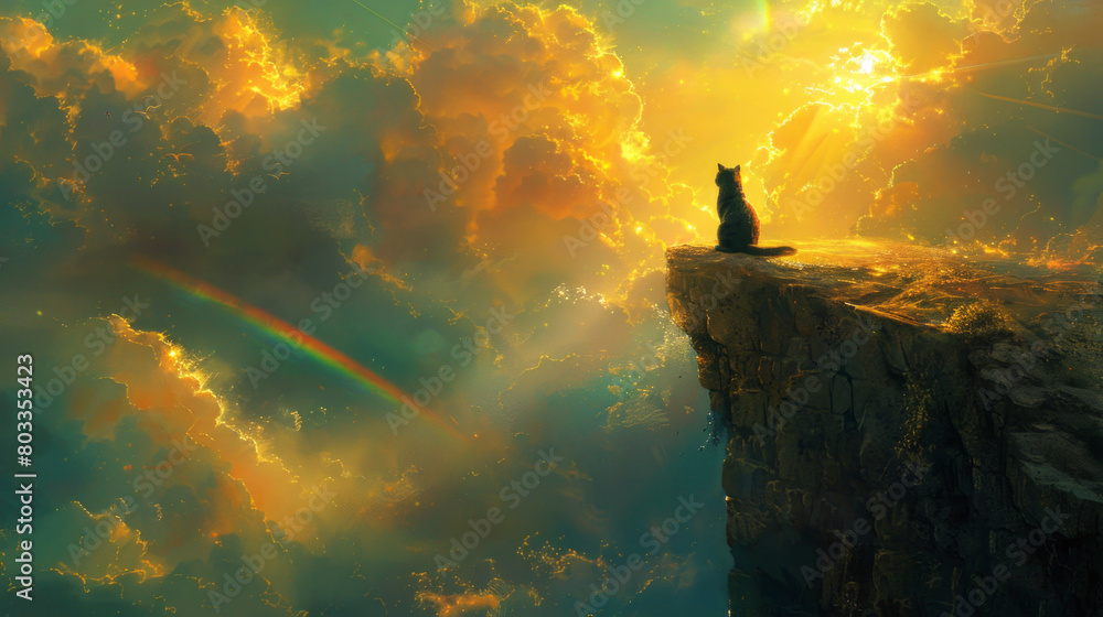 Fototapeta premium Cat looking at rainbow - concept of pets passing away