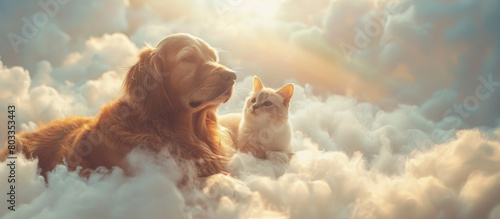 Golden retriever dog and cat on cloud in heaven