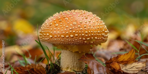 close up of a large orange toadstool with white spots