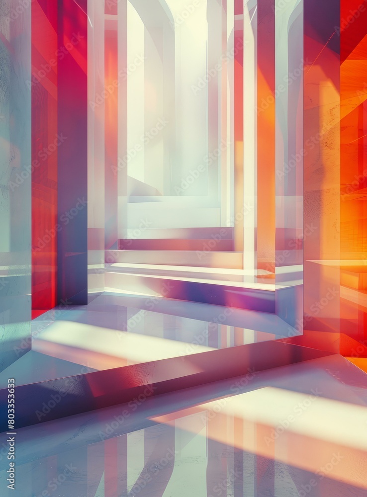 Red and white geometric shapes form a surreal corridor Red and white geometric shapes form a surreal corridor