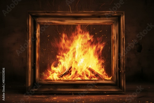 Fireplace with burning firewood in wooden frame