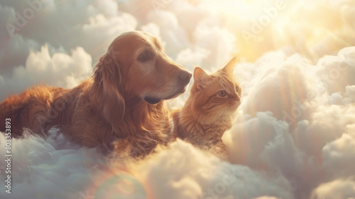 Golden retriever dog and cat on cloud in heaven