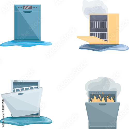 Dishwasher icons set cartoon vector. Broken household dishwasher. Repair maintenance