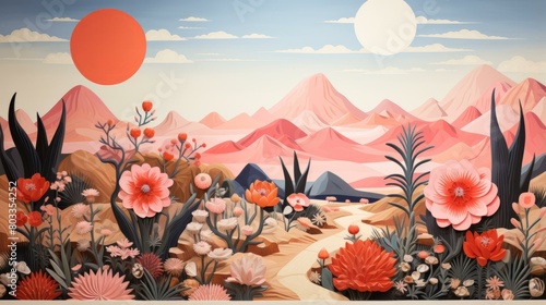 Pink flowers and blue mountains landscape illustration