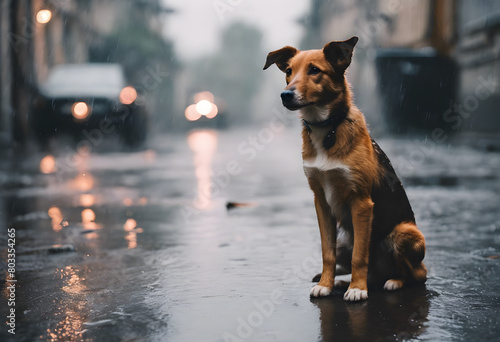 A dog sitting on a wet street during a rainy day  with blurred cars and lights in the background. International Dog Day.