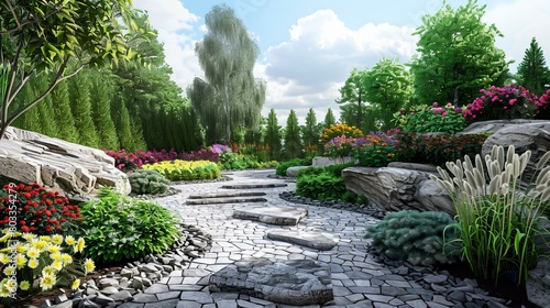 A beautiful garden with a stone path and colorful flowers photo