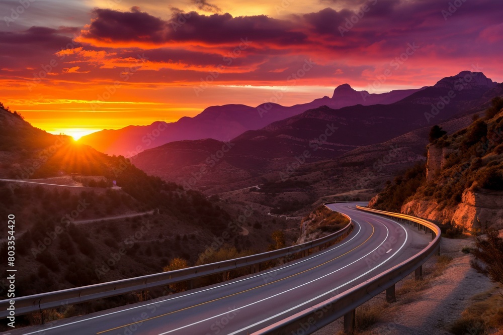 Curving Road Through Mountainous Landscape At Sunset