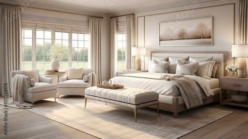 Elegant master bedroom with large windows and a sitting area © duyina1990