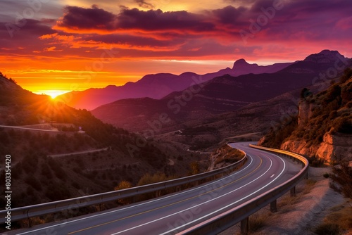 Curving Road Through Mountainous Landscape At Sunset