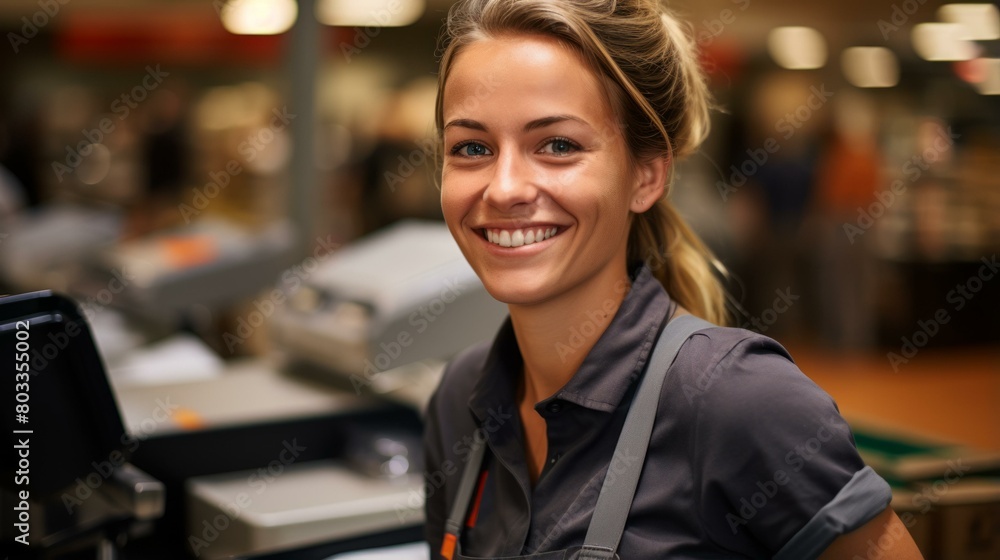 Portrait of a smiling young woman working in a supermarket Portrait of a smiling young woman working in a supermarket
