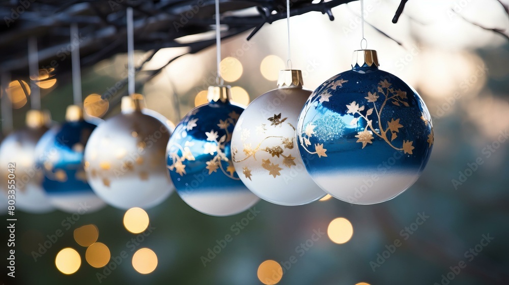 Blue and white Christmas ornaments hanging on a branch Blue and white Christmas ornaments hanging on a branch