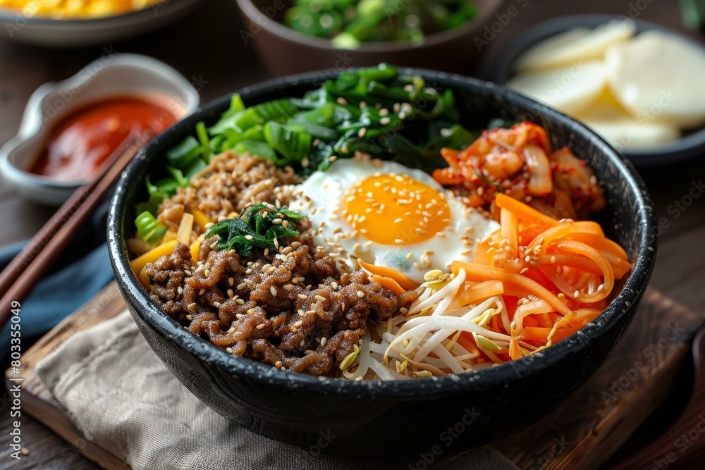 Korean Food, Bibimbap with egg, spinach, carrots, bean sprouts, and kimchi