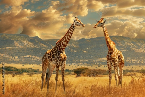 Giraffes stand against the backdrop of savannah nature  beautiful sunset lighting. Animals in the wild