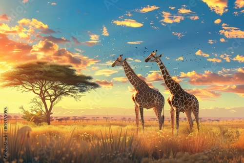 Giraffes stand against the backdrop of savannah nature  beautiful sunset lighting. Animals in the wild