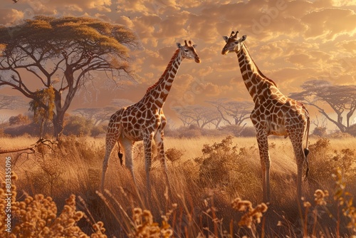 Giraffes stand against the backdrop of savannah nature  beautiful sunset lighting. Animals in the wild