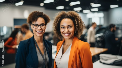 Two young African American businesswomen in suits smiling in an office