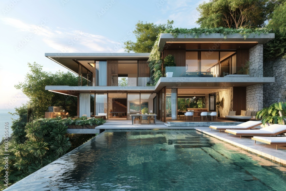 Fototapeta premium A stunning modern villa with pool and amazing sea views