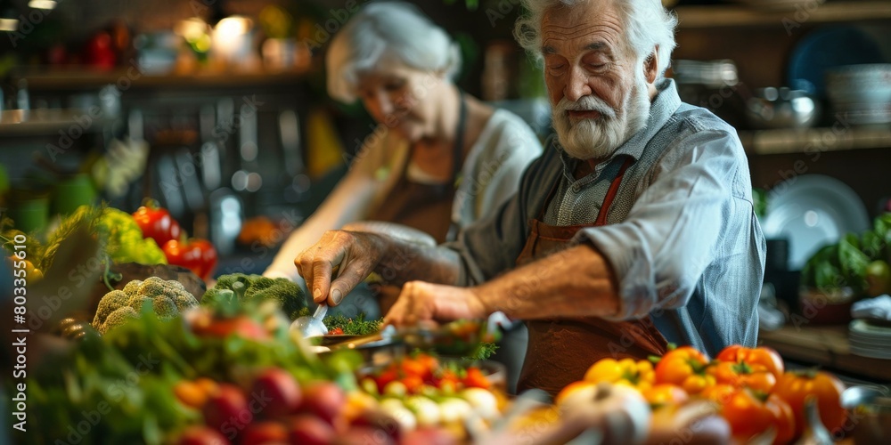 An elderly couple is cooking in the kitchen An elderly couple is cooking in the kitchen