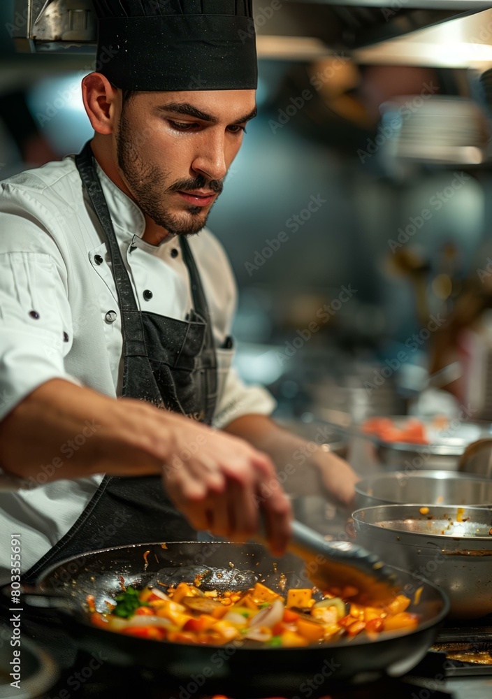 Focused male chef cooking food in a busy restaurant kitchen